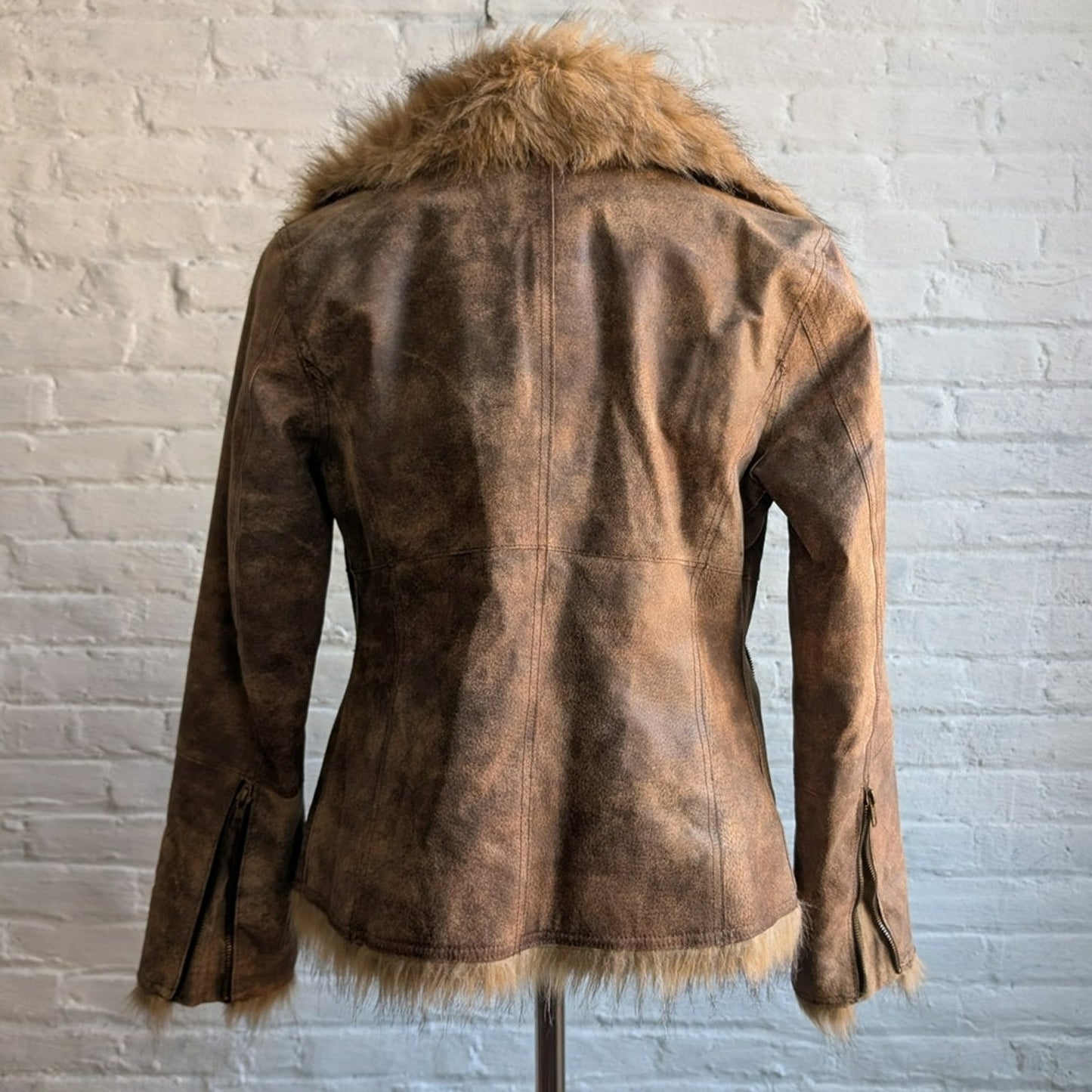 Vintage Brown Leather Fur Penny Lane Jacket Groovy Afghan Almost Famous Y2K Coat