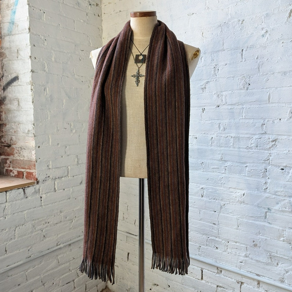 Vintage Muted Rainbow Striped Wool Blend Scarf Fuzzy Furry Knit Fringe Wrap