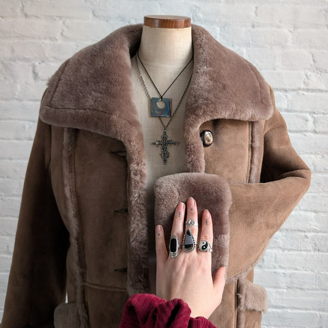 Vintage Brown Suede Leather Penny Lane Coat Shearling Minimalist Cozy Fur Jacket