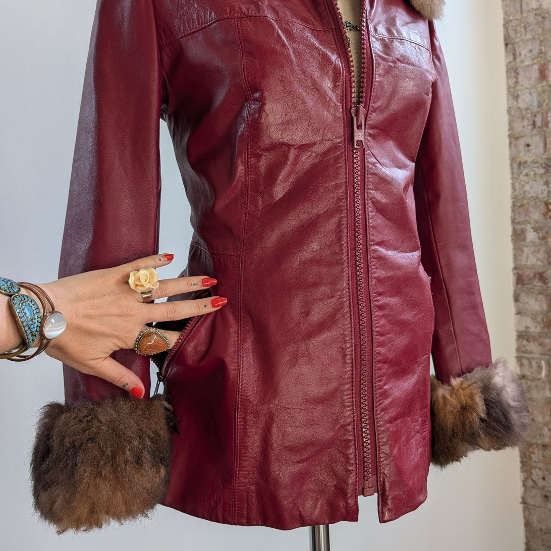 Vintage Red Leather Jacket Penny Lane Fur Trim Coat Grunge Boho Bomber Medium
