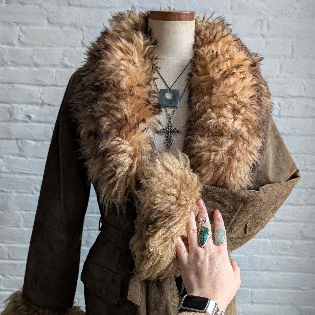 Vintage Brown Suede Penny Lane Jacket Fur Furry Leather Groovy Mod Trench Coat