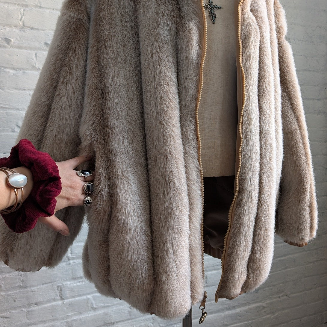 Vintage Faux Fur Neutral Plush Coat Mob Wife Furry Cozy Glam Fuzzy Jacket