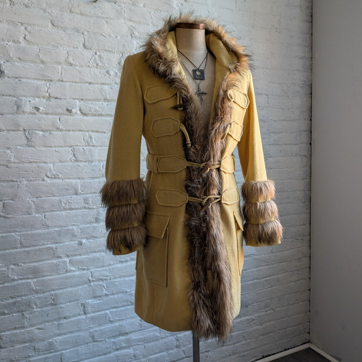 Vintage Yellow Wool Trench Coat Groovy Penny Lane Jacket Faux Fur Coat Medium