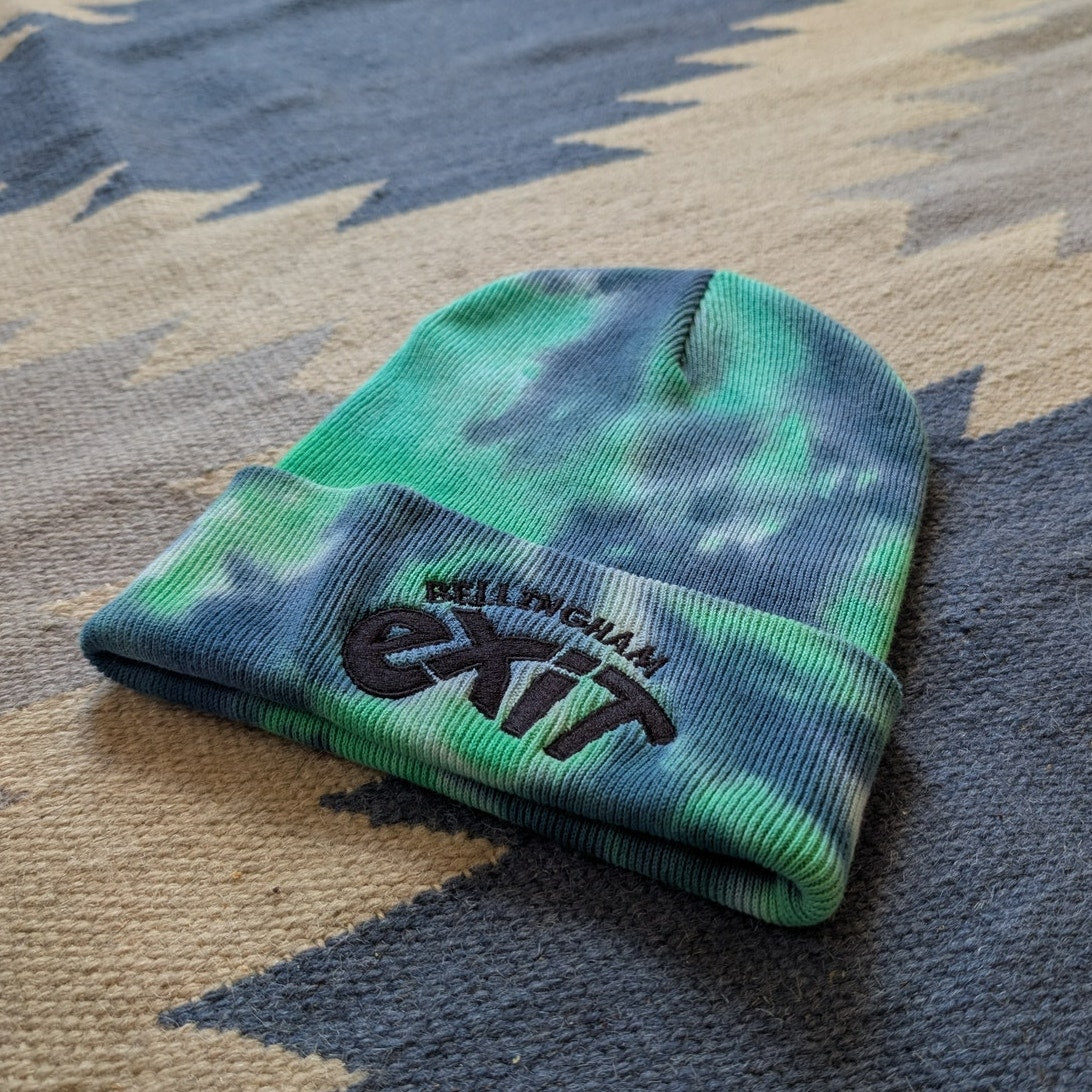 Tie Dye Beanie Green Blue Cotton Knit Festival Hat Embroidered Exit Bellingham