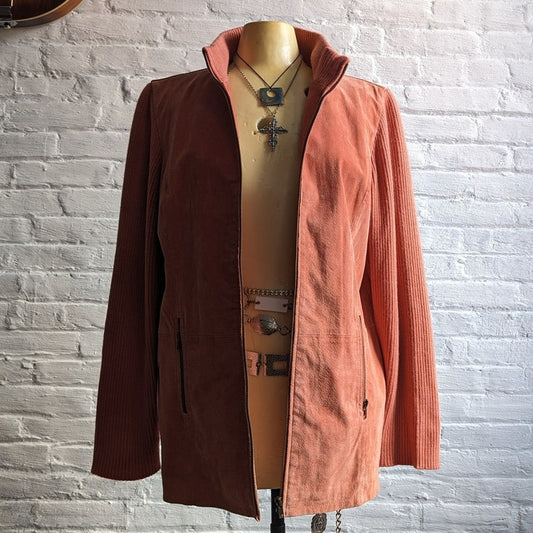 Y2K Vintage Pink Leather Chunky Knit Jacket Suede Coral Minimalist Boho Shacket