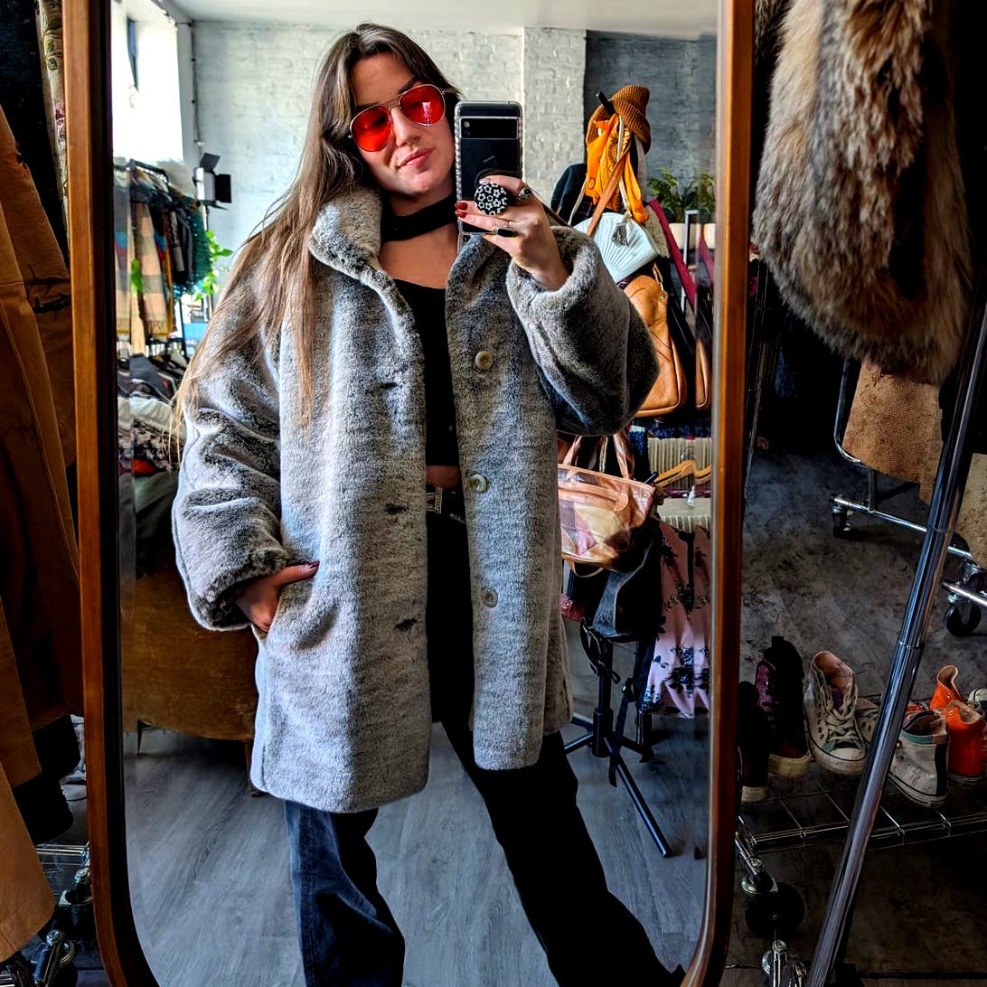 90s Vintage Chic Minimalist Vegan Fur Coat Mob Wife Plush Boho Penny Lane Jacket