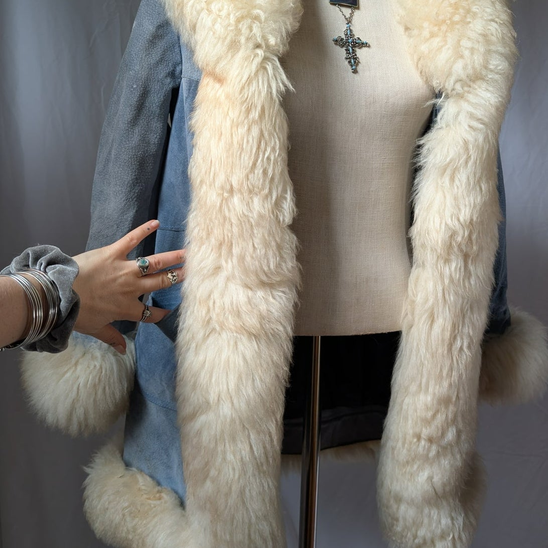 Vintage Blue Suede Afghan Coat S Penny Lane Jacket Fur Furry Leather Trench Coat