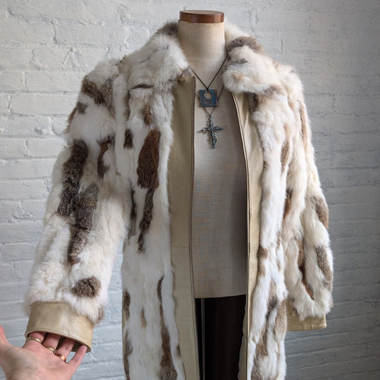 Vintage Patchwork Rabbit Fur Penny Lane Trench Coat Genuine Suede Leather Jacket