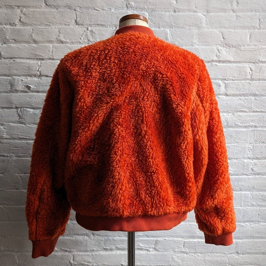 Uniqlo Faux Fur Orange Coat Fuzzy Bomber Indie Retro Statement Preppy Jacket