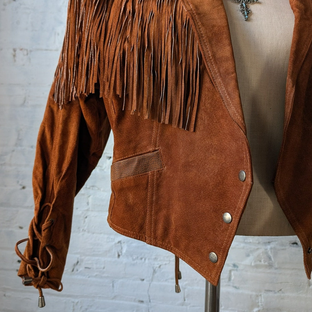 Vintage Rust Orange Brown Suede Leather Jacket Fringe Biker Western Moto Coat