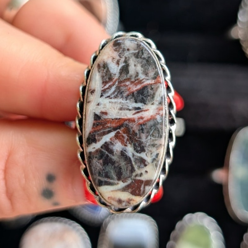 Marbled Boho Statement Ring Oval Silver Vintage Groovy Southwest Chic Size 9.25