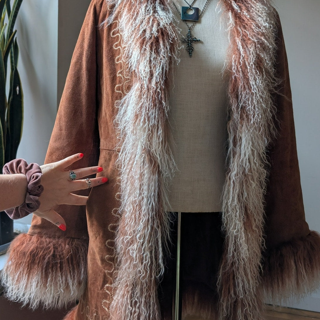 Vintage Rusty Brown Suede Coat Penny Lane Trench Groovy Fur Jacket Afghan Medium