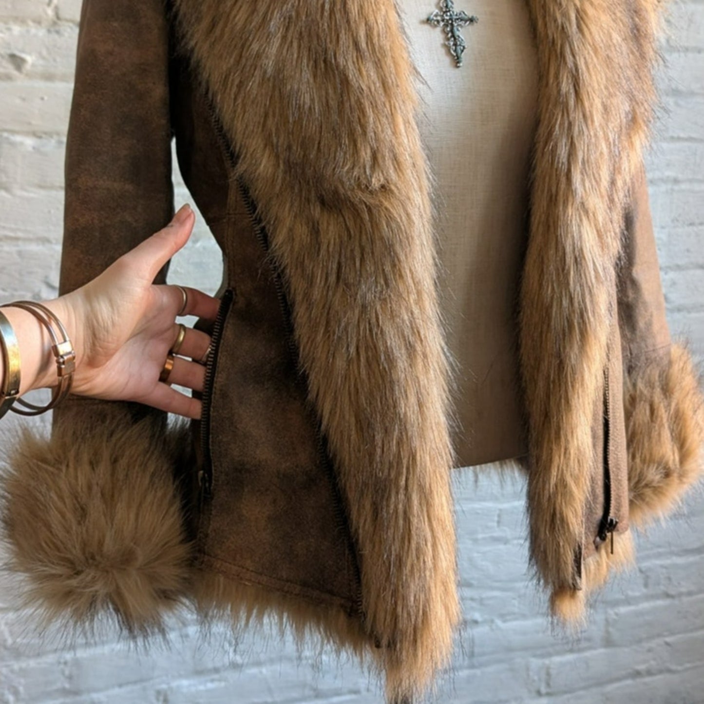 Vintage Brown Leather Fur Penny Lane Jacket Groovy Afghan Almost Famous Y2K Coat