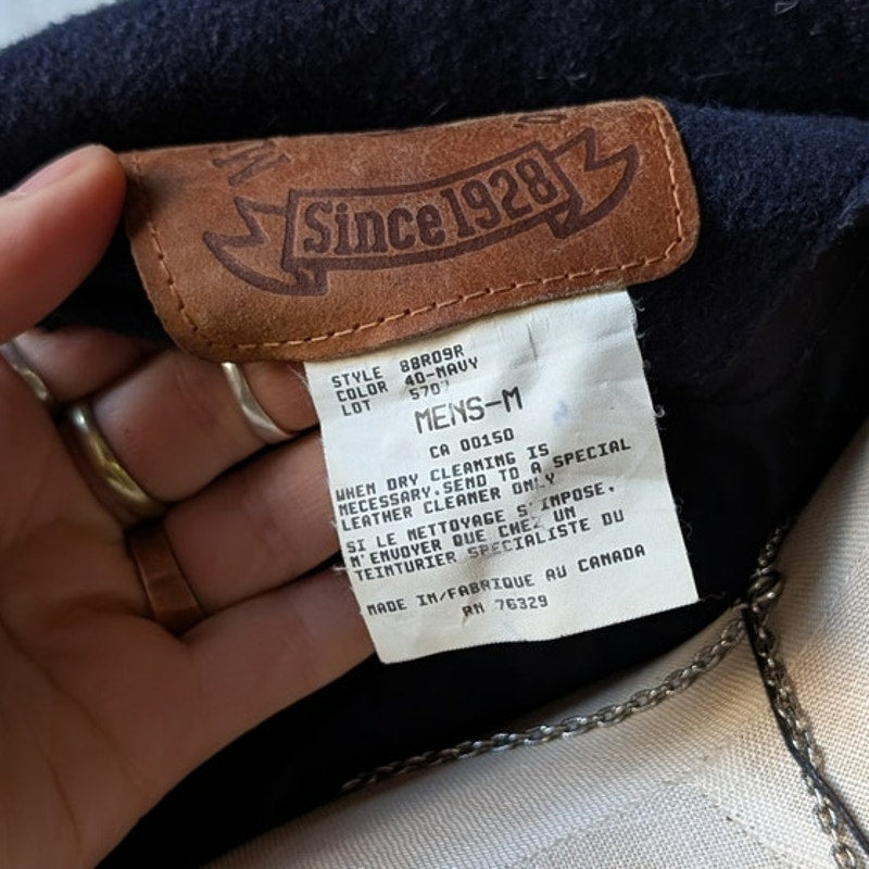 Vintage Navy Wool Leather Bomber Jacket Brown Varsity Western Utility Coat Large