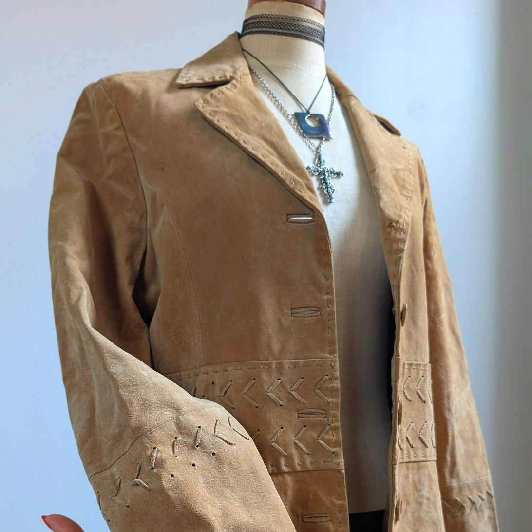 Y2K Tan Leather Trench Coat Neutral Suede Jacket Penny Lane Western Boho Large