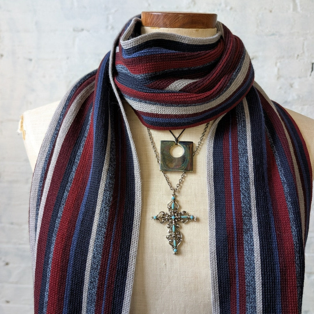 Vintage Red Blue White Striped 100% Wool Scarf Retro Furry Knit Fringe Wrap