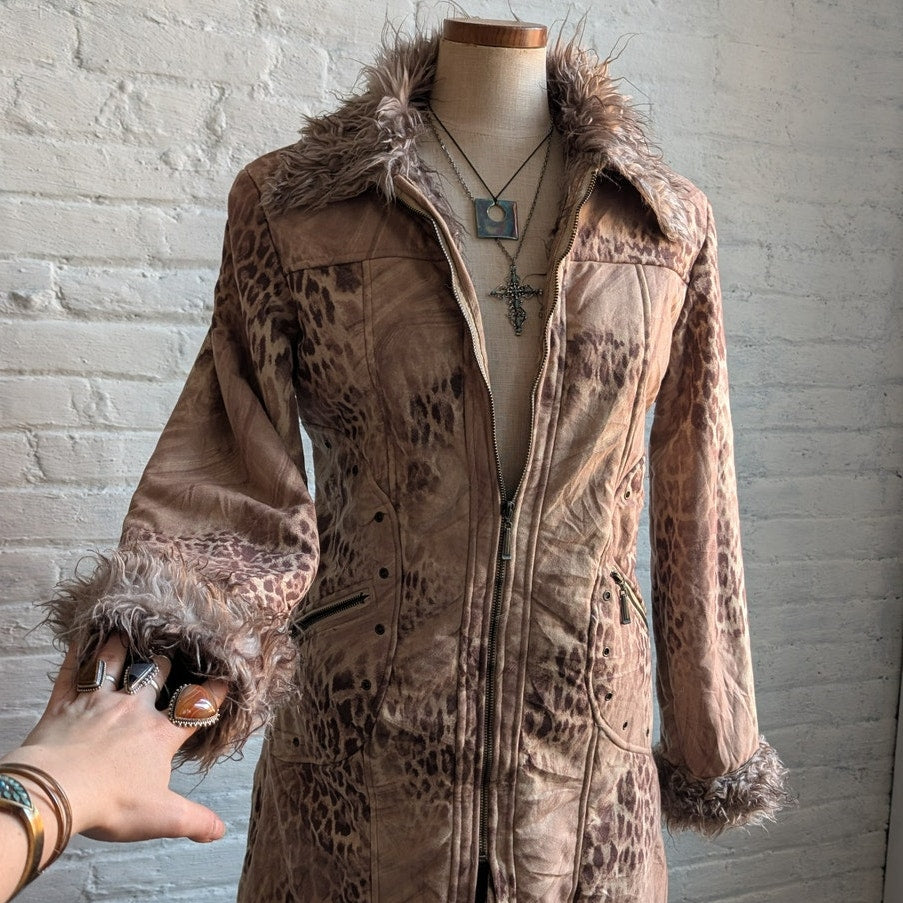 Vintage Faux Fur Cheetah Penny Lane Jacket Neutral Leopard Print Trench Coat