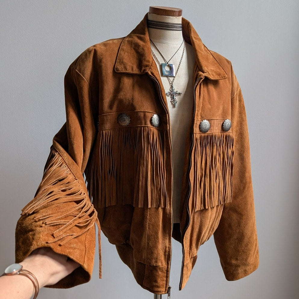 Vintage Brown Suede Leather Jacket Fringe Biker Western Moto Bomber Coat Large