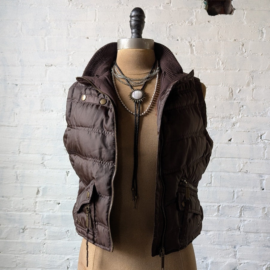 Y2K Dark Chocolate Brown Puffer Vest Quilted Cropped Thermal Zip Up Jacket Top