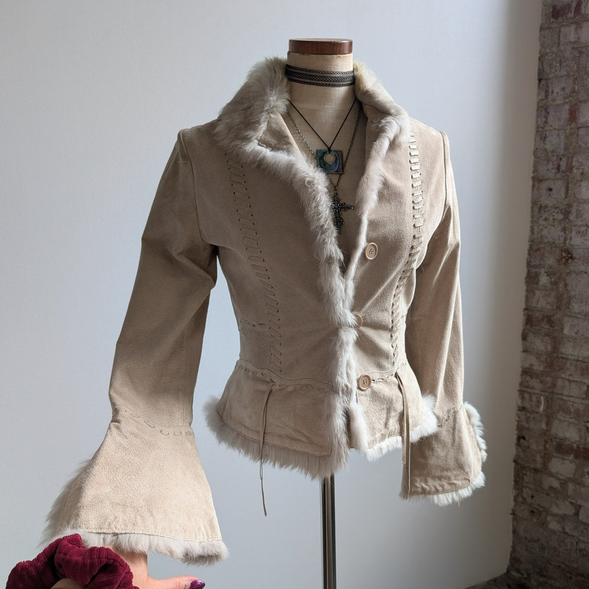 Vintage Tan Suede Penny Lane Coat Neutral Leather Fur Trim Boho Chic Coat Small