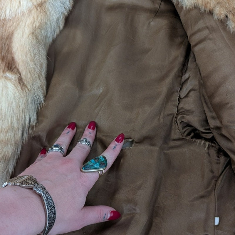 Vintage Brown Fur Coat Coyote Fox Fur Trim Coat Tan Neutral Winter Jacket Medium