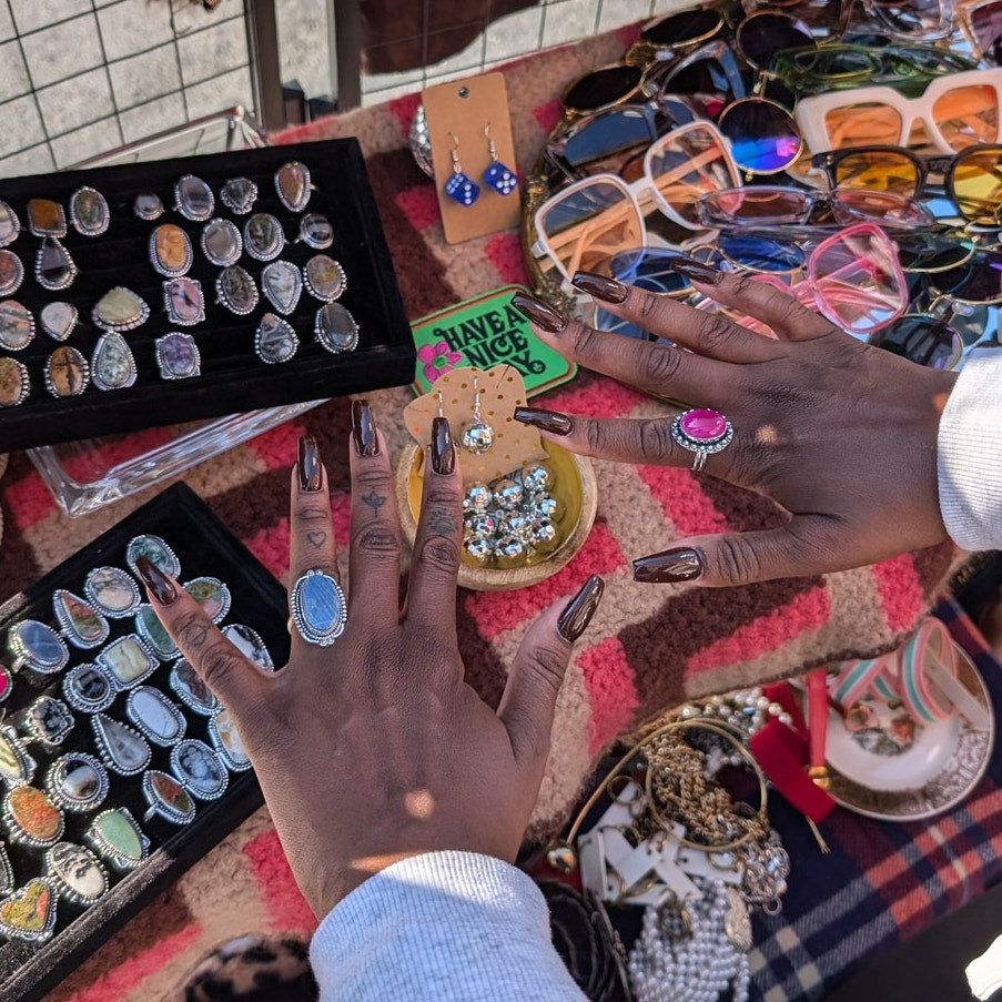 Blue Oval Sterling Silver Ring Retro Vintage style Boho Natural Stone Size 9.5