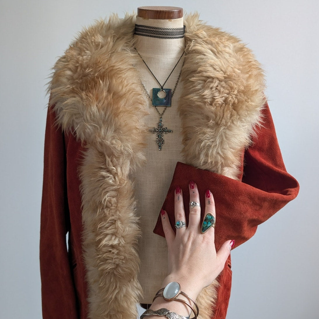 Vintage Red Suede Jacket Leather Penny Lane Coat Fur Trim 70s Trench Coat Medium