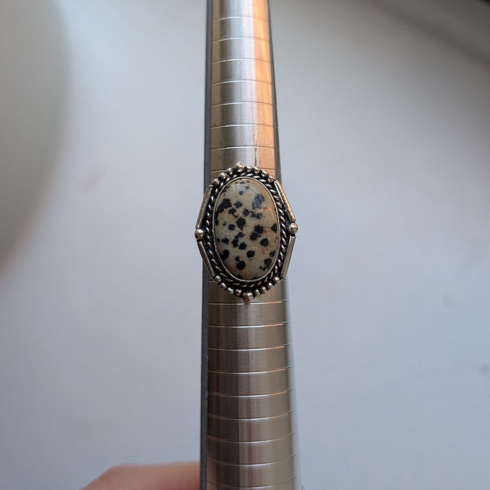 White Cowprint Sterling Silver Ring Retro Vintage Boho Natural Stone Size 8.75