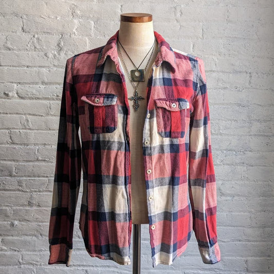 Retro 90s Faded Red Plaid Flannel Grunge Fairy Minimalist Preppy Boyfriend Top