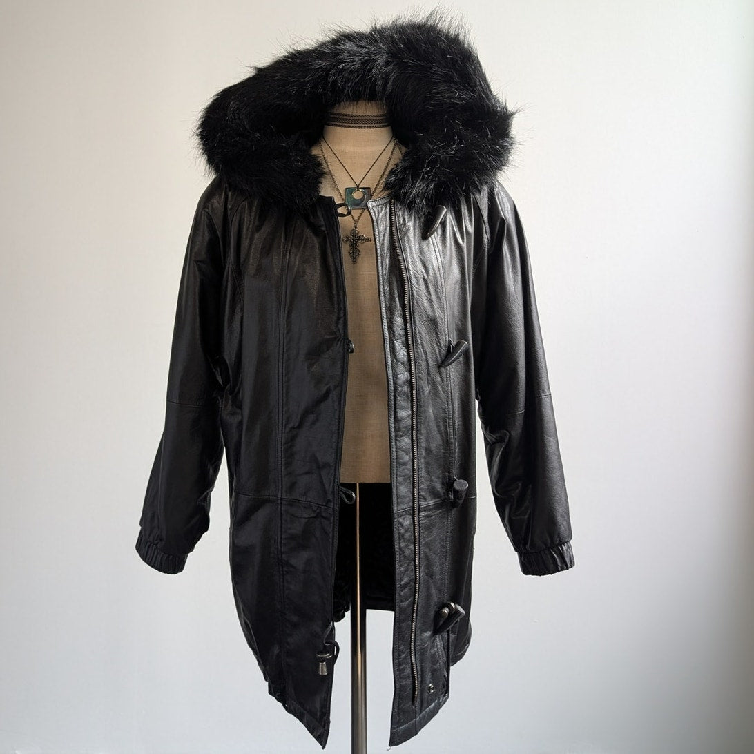 Vintage Black Leather Jacket Penny Lane Fur Hooded Trench Coat Minimalist Medium