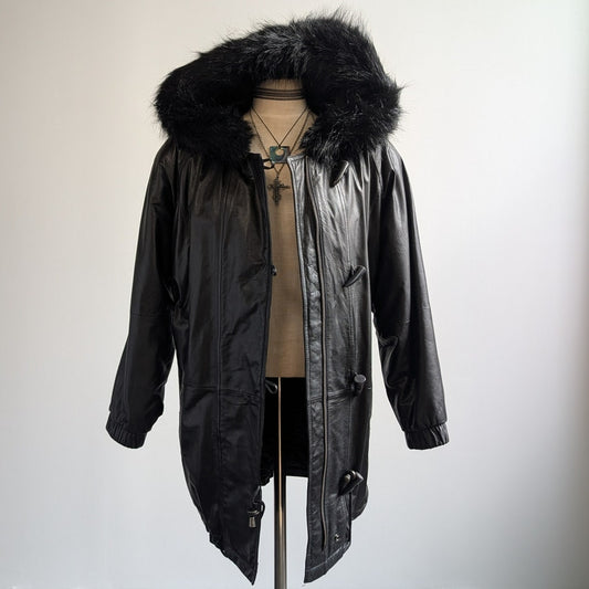 Vintage Black Leather Jacket Penny Lane Fur Hooded Trench Coat Minimalist Medium
