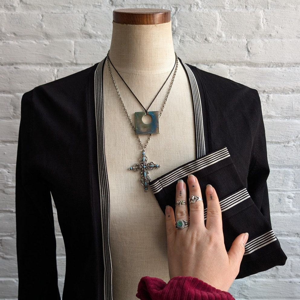 Vintage Black Stripe Knit Cardigan 70's Minimalist Groovy Mod Boho Sweater Small