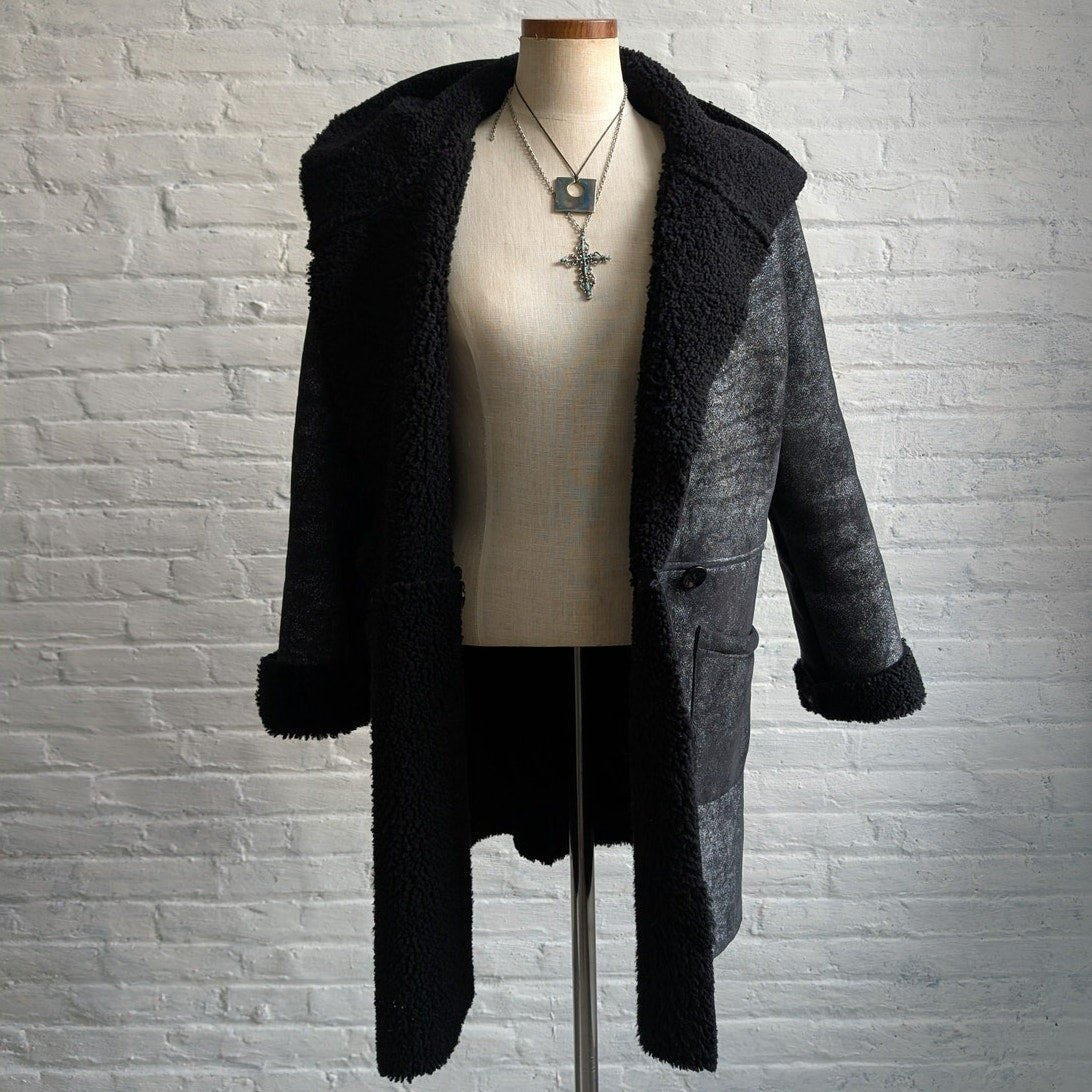 Vintage Black Leather Shearling Coat Afghan Fur Minimalist Chic Luxury Jacket