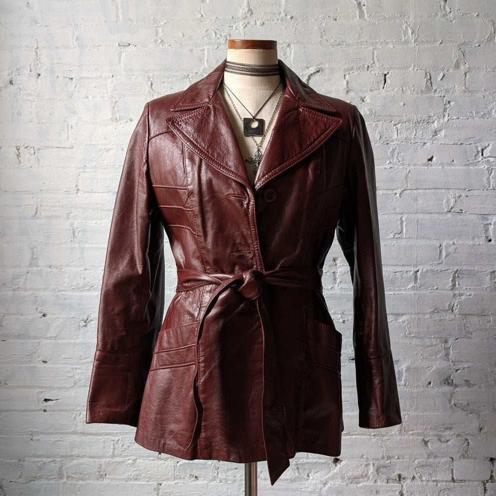 Vintage Red Leather Jacket Trench Coat Minimalist Grunge Chic Burgundy Medium