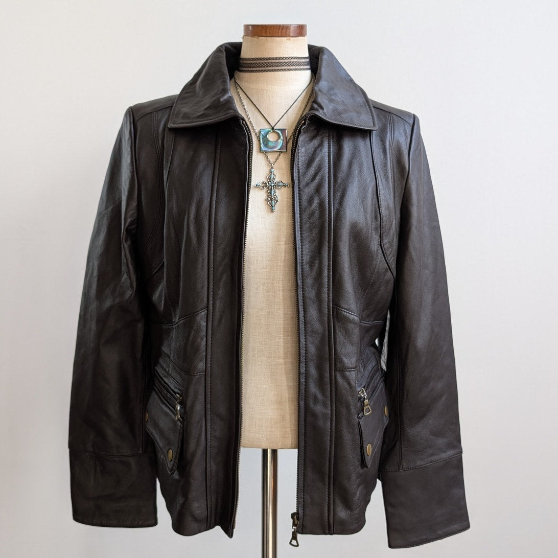 Vintage Brown Leather Jacket Faux Fur Lambskin Moto Chic Biker Bomber Coat Large