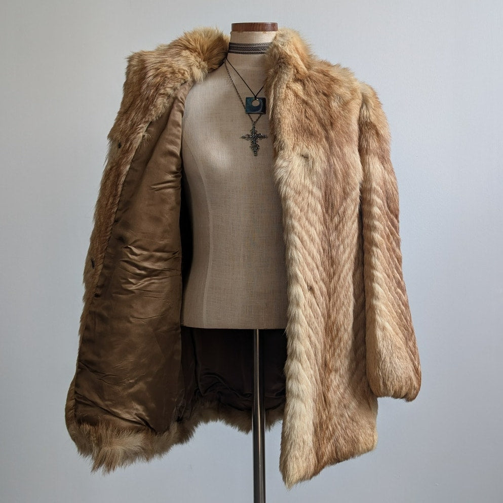 Vintage Brown Fur Coat Coyote Fox Fur Trim Coat Tan Neutral Winter Jacket Medium