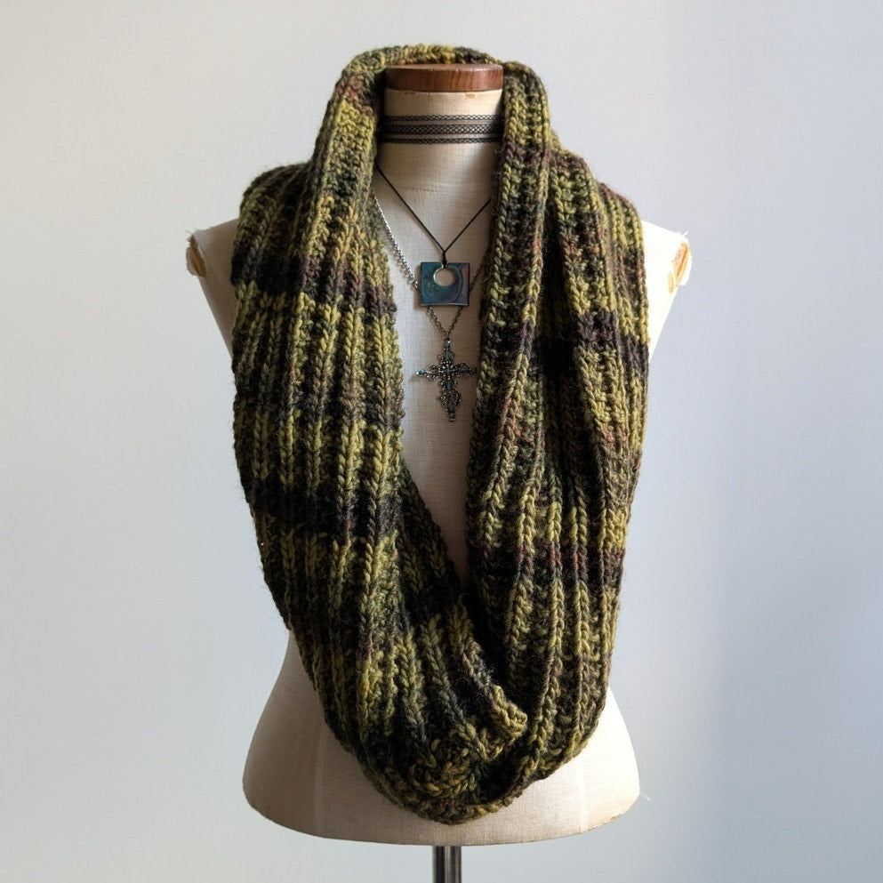 Vintage Chunky Knit Green Striped Scarf Earthy Jewel Tone Grunge Handknit Wrap