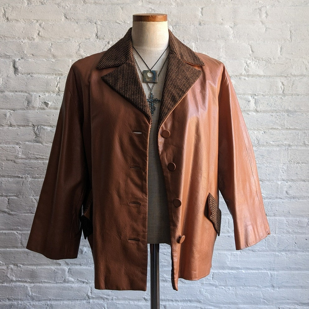 Vintage Brown Leather Jacket Rusty Orange Cropped Preppy Blazer Tweed Coat Small