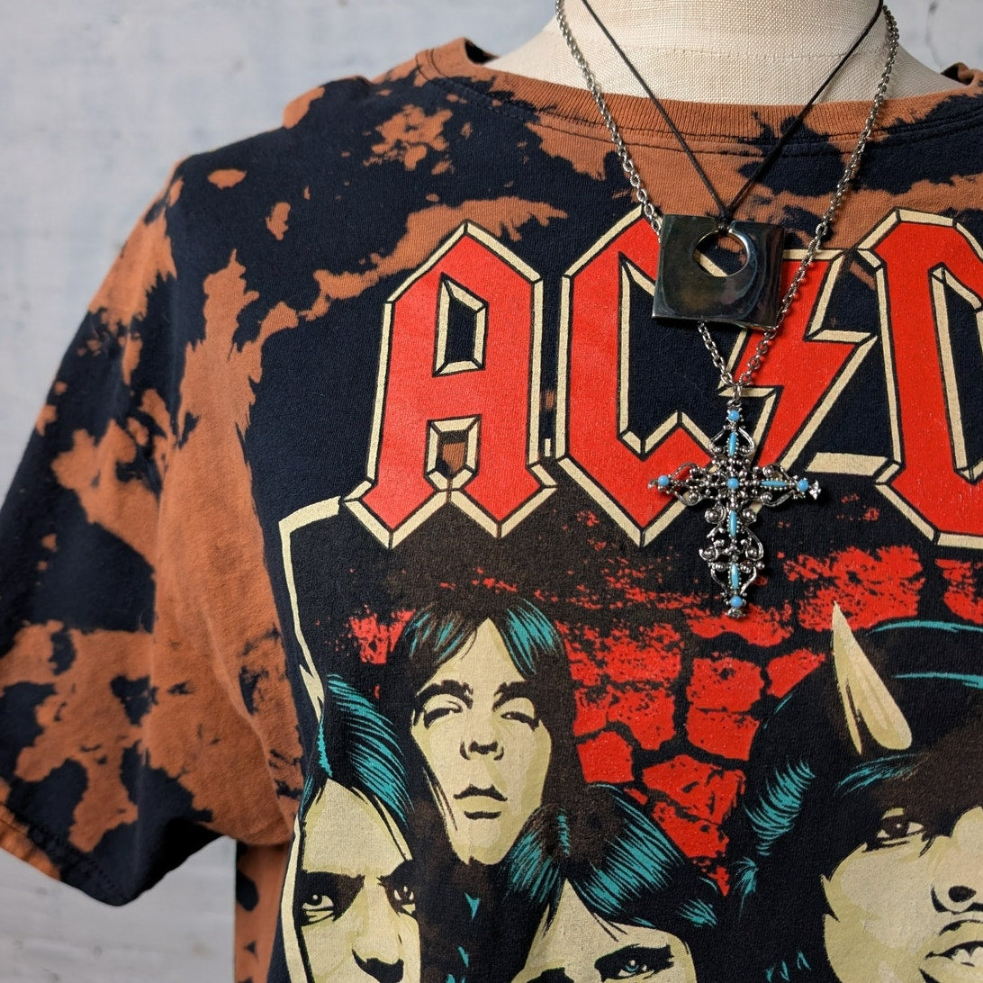 70s Retro Black Distress Graphic Print Concert Band Tee ACDC Rock Acid Wash Top