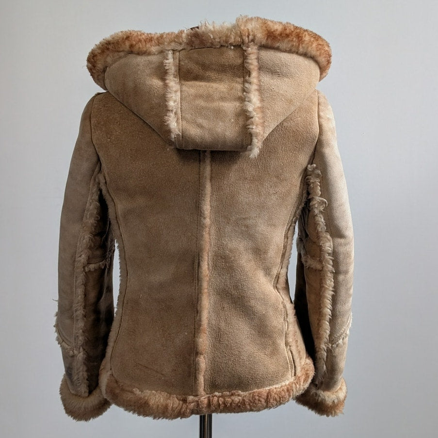 Vintage Tan Suede Shearling Coat Brown Wool Jacket Boho Chic Fur Coat Hood XS
