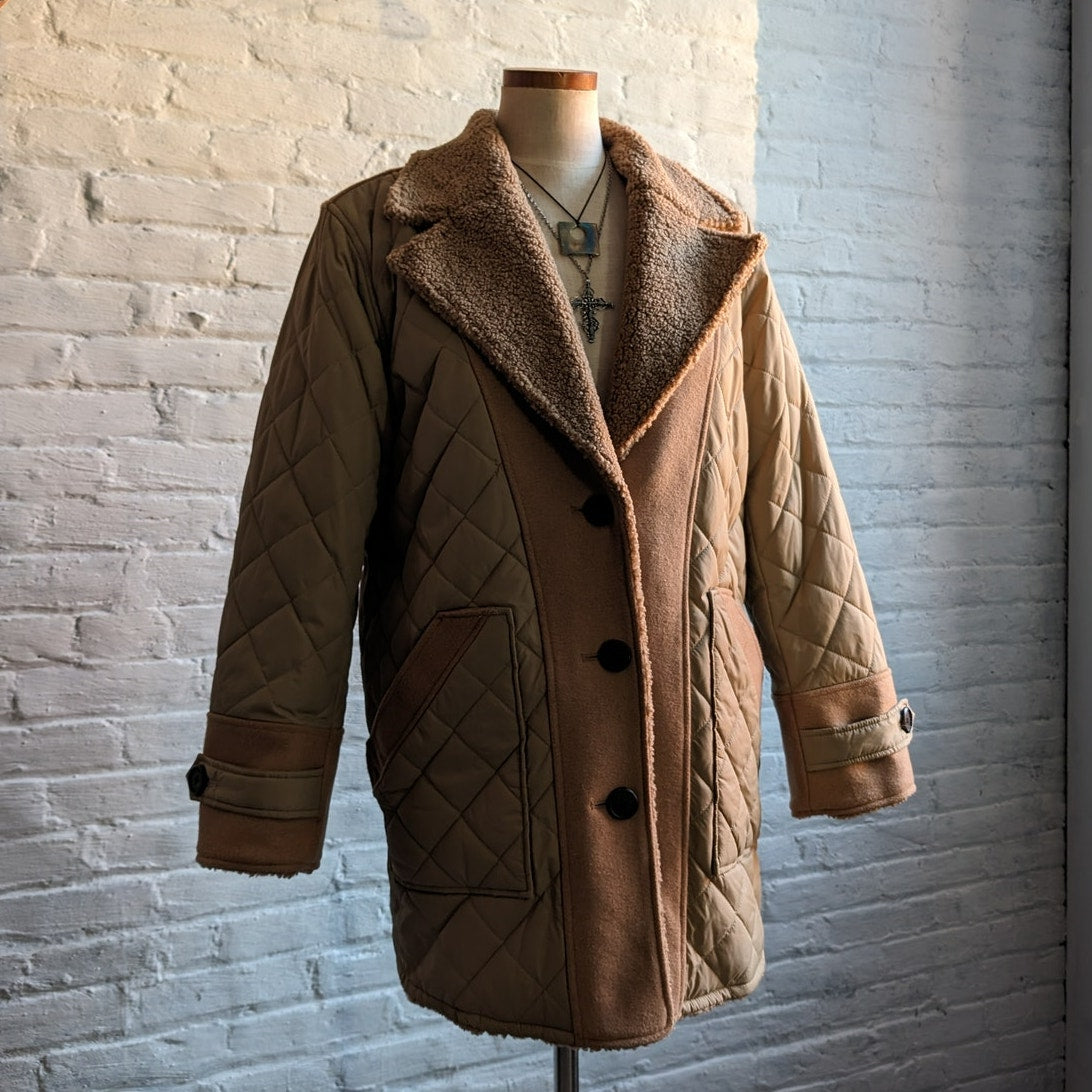 Brown Faux Fur Coat Teddy Jacket Quilted Puffer Coat Designer Reversible Medium