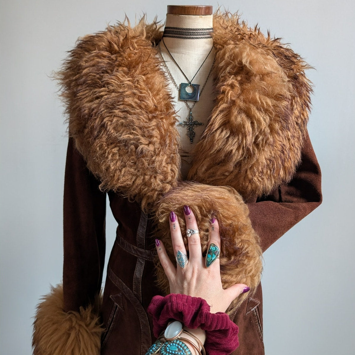 Vintage Brown Suede Penny Lane Jacket Groovy Fur Coat 70s Leather Western Medium