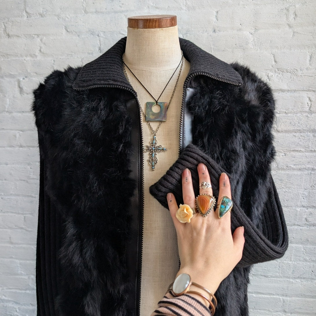 Vintage Black Genuine Rabbit Fur Sweater Stretchy Jacket Knit Faux Leather Top