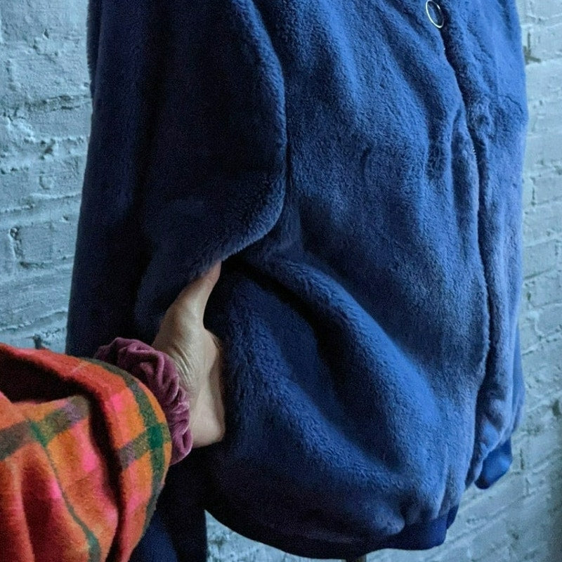 Y2K Blue Faux Fur Jacket Furry Hooded Zip Up Sweatshirt M Velvet Fuzzy Sweater