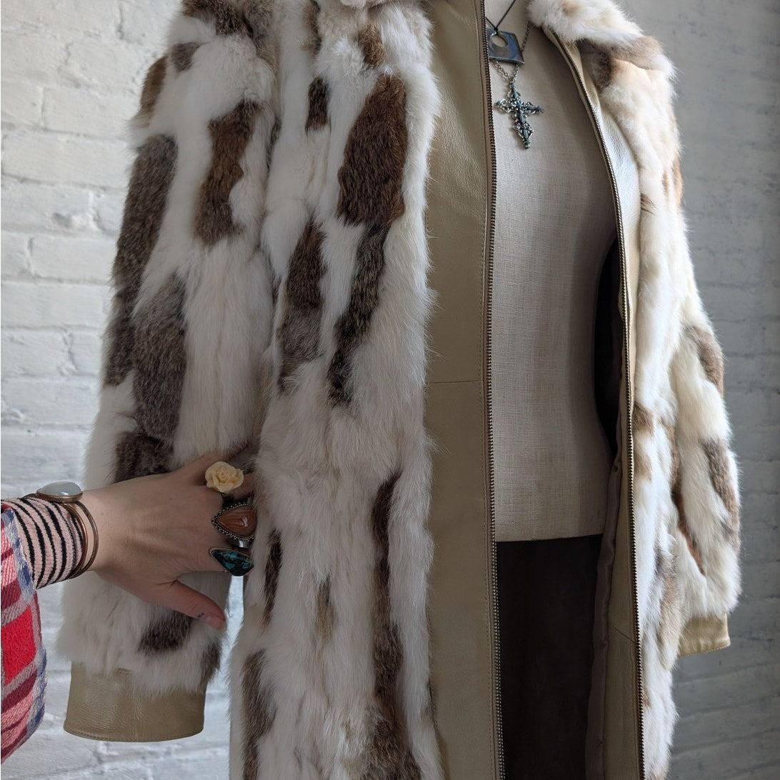 Vintage Patchwork Rabbit Fur Penny Lane Trench Coat Genuine Suede Leather Jacket