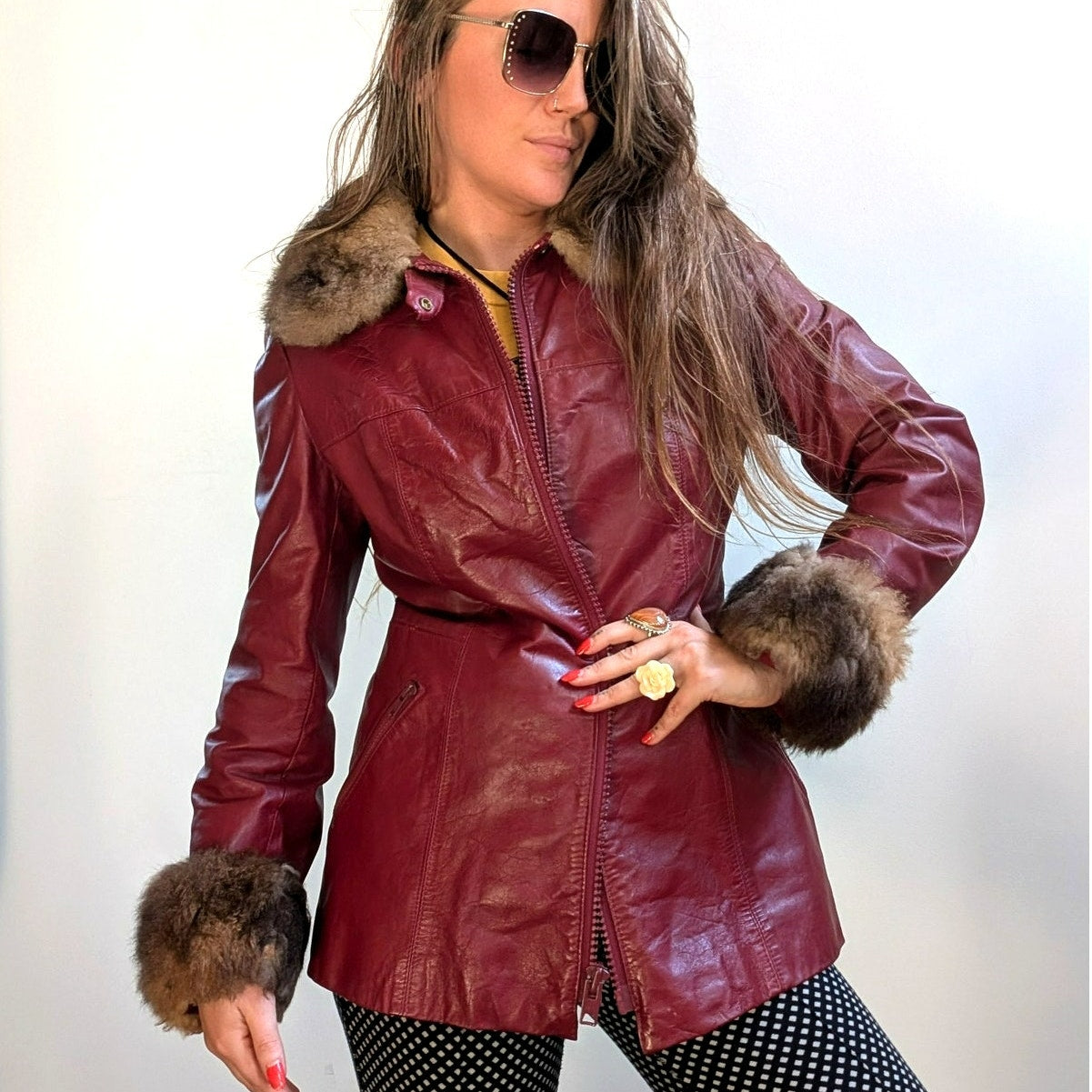 Vintage Red Leather Jacket Penny Lane Fur Trim Coat Grunge Boho Bomber Medium