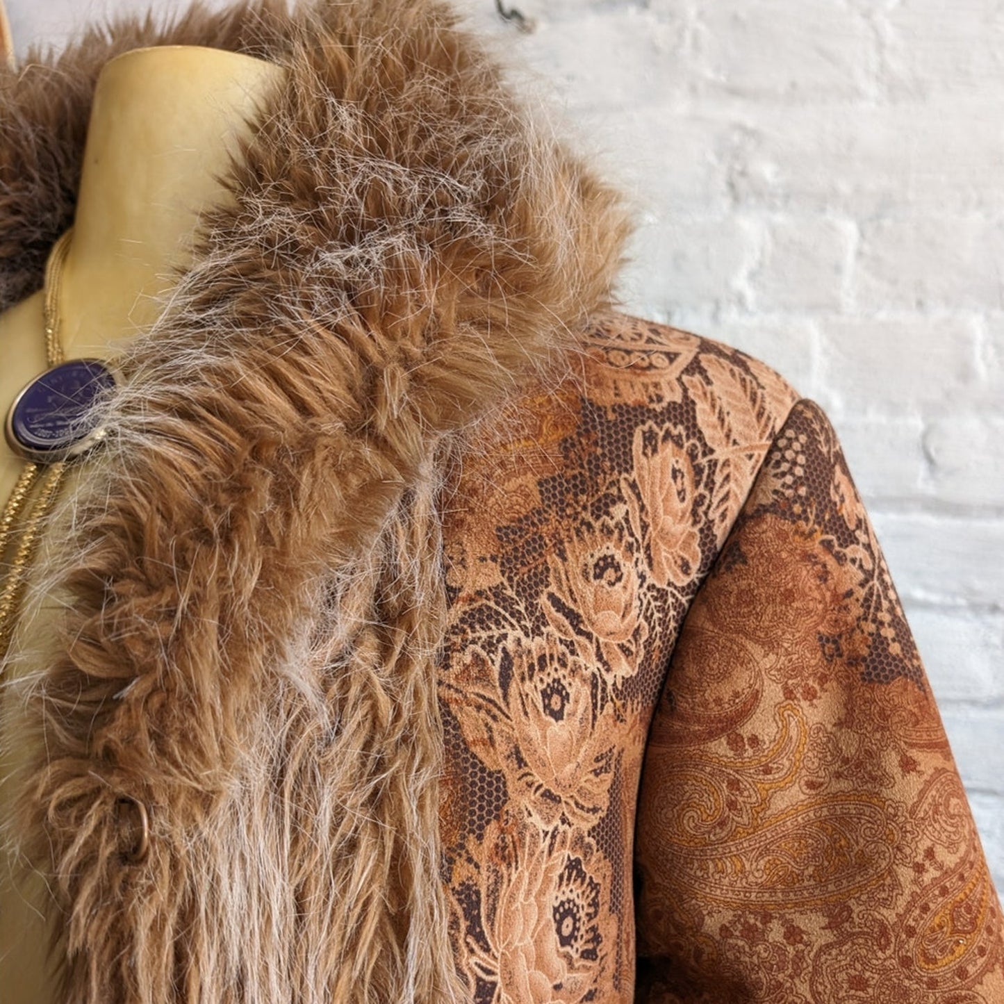 90s Vintage Penny Lane Groovy Faux Fur Jacket Afghan Tapestry Trench Coat Large