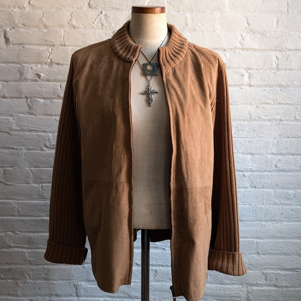 90s Vintage Brown Suede Jacket Vegan Knit Shacket Cozy Boho Western Cardigan