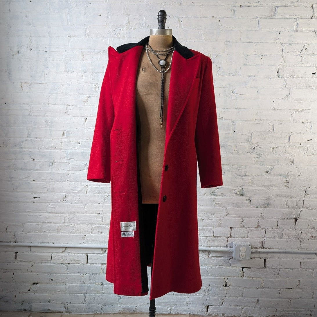 Vintage Red Wool Trench Coat Statement Velvet Collar Dark Romance Pleated Jacket
