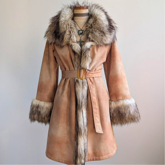 Vintage Brown Vegan Suede Penny Lane Jacket Y2K Tan Faux Fur Afghan Coat Small